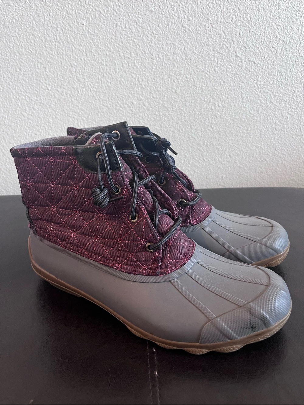 Sperry Quilted Burgundy and Gray Lace-Up Waterproof Duck Boots